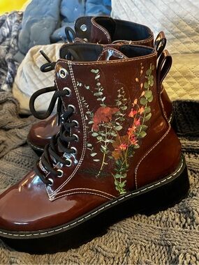 DIY Whimsical Cottage Core Glitter Floral Brown Wedge Combat Boots Unique